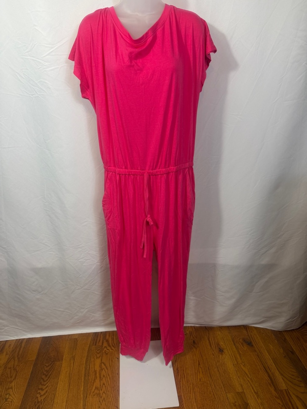 Women's Hot Pink Lightweight Jumpsuit with Drawstring Waist Off Shoulder top